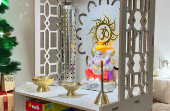 HOODWIN Pooja Mandir Home Office with LED Light H- 18 L- 16 W -8.75 In Home Temple Engineered Wood Home Temple(Height: 39.5, DIY(Do-It-Yourself))