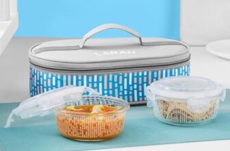 Vogue Borosilicate Glass Lunchbox with Bag | 2pc Round Container (400 ml Each), Horizontal | Microwave & Dishwasher Safe, Leakproof | Tiffin for Office, School, College | Blue (BGFGLTIF0018)