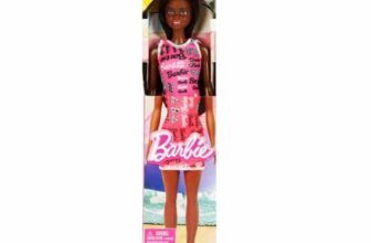 Barbie Fashion Doll with Straight Black Hair Wearing Removable Pink Tank Dress with Logo Print & Shoes
