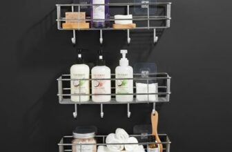 Amazon Basics Self-Adhesive Wall Shelf – No-Drill Multipurpose Bathroom/Kitchen Organizer with Hooks and Towel Holder, Rust Proof GI Steel Organizer | Chrome, 28.2 x 9.8 x 11.5 cm, Pack of 3