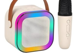 Magicwand® K12【USB-C-Charging ⦗Biege⦘ 1 Mic】 Kids Wireless Bluetooth Speaker with Karaoke Microphone & RGB LED Lighting for Kids
