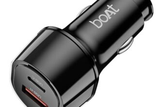 Boat 55W Car Charger with Dual Port USB-A and USB-C; Supports QC, PD & PPS Advanced Charging Protocols | 12-Layer Smart IC Protection | Compact, Lightweight, Heat & Scratch Resistant (Carbon Black)