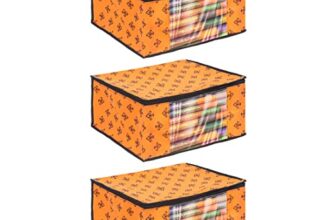 PrettyKrafts Set of 3 Non-Woven Printed Foldable Saree Covers/Wardrobe Organizer With Transparent Window And Zip/Clothes Storage Bag For Women’s Lehenga, Suit Saree & Other Accessories (Orange)