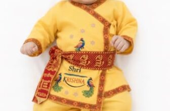 BookMyCostume Cotton Shri Krishna Dress For Baby Boy | Print Krishna Costume For Kids With Patka | Janmashtami Photoshoot Outfit | Kanha Dress For Baby Boy | Fancy Dress Costumes For Kids | 0-6 Months