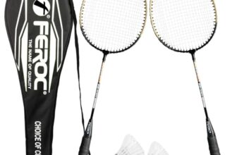 FEROC 2 Pieces Aluminium Badminton Racket with 3 Pieces Feather Shuttles with Full-Cover Set,Aluminum, Multicolor (Golden)