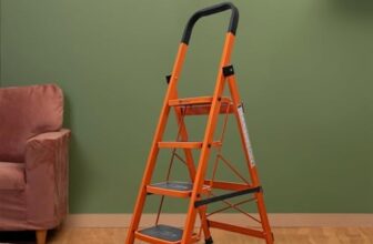BonKaso Climb Steady Premium Alloy Steel Heavy Duty Multipurpose Foldable 4 Step Ladder with Connecting Frame & Belt Support for Home and Outdoor – (Orange)