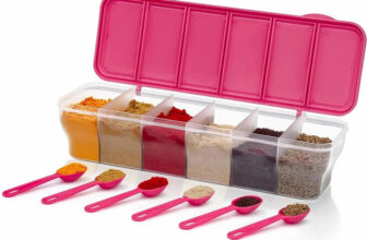 TASTIC Multipurpose 6 Section Airtight Kitchen Storage Container with Spoon – For Spices, Dry Fruits, Pickles, and More, 6 In 1 Spice Set, 6 compartment Masala Box, Pickle Contianer, Kitchen Storage Container For Kitchen, Hotel & Restaurant, Fridge Storage Container 1 Piece Spice Set(Plastic)