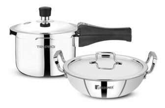 Bergner Tripro 3 Pcs Triply Cookware Set of 3L Outer Lid Pressure Cooker and 24cm (3L) Kadai with Lid, Less Oil Use, Healthy Cooking, Even and Faster Heating, Triply Set, Induction and Gas Stove Ready