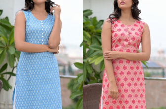 shobhit Women Printed Straight Kurta(Blue, Pink)