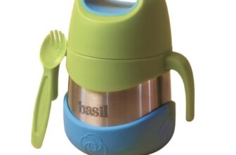 Basil ThermoTot Kids Insulated Food Jar 320ml | 304 Stainless Steel | BPA-Free | Double Wall Vacuum Lunch Box with Handle & Spork | Hot Cold Storage for School Travel Picnics – Blueberry