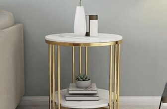 Ereteken ART Round Coffee and Side Accent End Table for Living Room with Metal & Engineered Wood Tabletop and Metal Frame Gold Powder Coated (Golden-White)