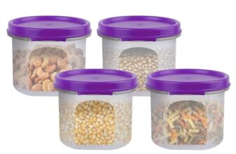 SIMPARTE Smart Slim Storage Air-Tight & Leak Resistant Plastic Round Modular Container For Juice, Snacks, Cookies, Wafers,Chia Seeds Stackable, BPA Free, Refrigerator Safe, Set of 4 (250ML, Purple)