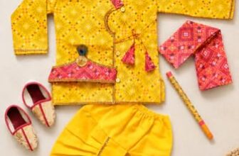 Boys Krishna Costume Kurta Dhoti Set, Yellow Bandhani Print (YELLOW, 1-2Y)