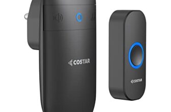 COSTAR Wireless Door Bell Kits Chime for Home Office with LED Light 300 Meter 1000 Feet Operating Range 32 Ringtones 5 Levels Volume, 1 Receiver and 1 Push Button IP44 Waterproof (Pebble T301-Black)