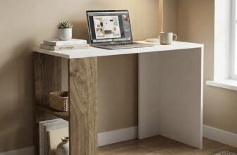 Andca Strata Compact Computer Desk with Built-in 2-Tier Bookshelf, Space-Saving Modern Study Table & Workstation for Home Office, 90x50x80cm (White & Walnut)