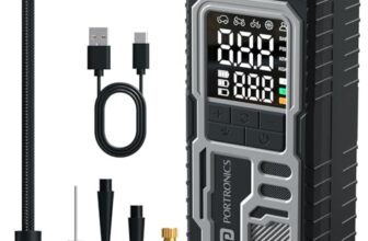 Portronics Vayu 10 Type-C Rechargeable Tyre Inflator, 2 x2000 mAh Batteries, Digital Display, 150 PSI, Preset Modes, Flashlight with SOS, Pressure Detection, for Cars, Bikes, Bicycles & Sport Balls