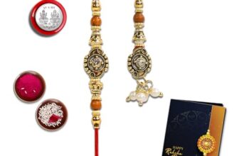 Oblivion Rakhi Set for Bhai and Bhabhi –Beaded Gold for Bhai 1 Pc and Lumba for Bhabhi 1 Pc– Silver Color Pooja Coin and Greeting Card Combo
