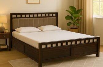 EXCEL HOME EXCEL International Solid Sheesham Wood Queen Size Bed with Box Storage | Wooden Double Bed with Box Storage & Upholstered Cushined Headboard for Bedroom | Rosewood, Teak Finish