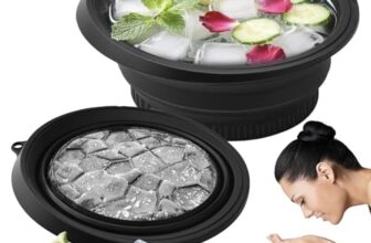 Clazkit Silicone Collapsible Face Bowl with Built-in Ice Tray, Modern Style, Black, Round, Dishwasher Safe, for Face Bath, Soaking, Washing | BPA-Free | for Men and Women (Free Hook 1-pic)