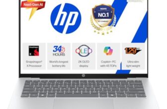 HP Smartchoice OmniBook 5 OLED (Previously Pavilion), Snapdragon X Processor 45 Tops (16GB LPDDR5x, 1 TB SSD), 2K 14”/35.6cm, Win11, Office24, Silver, 1.29kg, he0015QU, Multi-Day Battery, AI Laptop