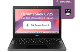 Acer Chromebook, MediaTek Kompanio 540 Octa-Core Processor, 4GB RAM, 64GB eMMC, Full HD, 11.6″ inch Display, Chrome OS, Black, 1.2 KG, C725, Arm Mali G57 Graphics, WiFi 6E Laptop