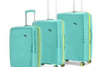 LAttitude By Provogue Core Set of 3 Trolley Bags Cabin + Medium + Large Polypropylene Hard Suitcase, 8 Spinner Wheels, Recessed Number Lock, Luggage for Men & Women Aegean Blue/Meadow Yellow
