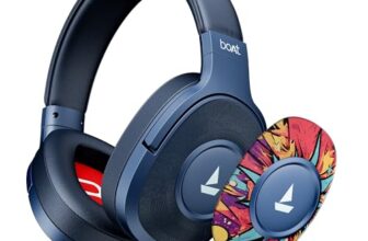 Boat Rockerz Plus 550, Customizable Earcups, 100H Battery, 50mm Drivers, Dual Pair, Stream Ad Free Music via App Support, Bluetooth Headphones, Wireless Headphone with Mic (Blue Psyche)