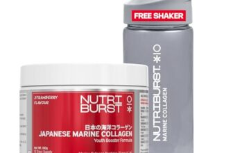 Nutriburst Japanese Marine Collagen Powder 100 g with Free Shaker | Marine Collagen Peptides Type I & III with Hyaluronic Acid | 8 g High Absorption Collagen | Strawberry Flavour | Supports Skin Radiance, Hair, Nails & Joint Health | For Men and Women