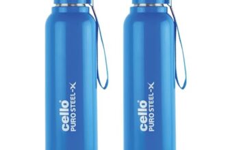 CELLO Puro Steel-X Benz 900 Insulated Water Bottle Set of 2 Pcs, 900 ml Blue | Carrying with Loop, Wide Mouth Leak Proof & Rust Resistant Inner Steel Insulated Water Bottles for School Kids & Travel
