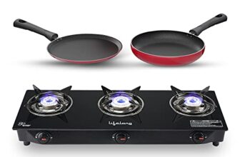 Lifelong LLCMBGS03 Manual Ignition High Efficiency 3 Burner Glass Top Gas stove For LPG Use with Dosa Tawa and Fry Pan combo (Black)