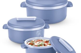 MILTON Micronova Jr. Gift Set Inner Stainless Steel Casserole, Set of 3 (380 ml, 775 ml, 1345 ml), Light Blue, BPA Free, Food Grade, Hot and Cold, Microwaverable Steel, Dishwasher Safe, Chapati, Roti