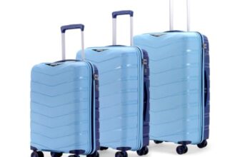 LAttitude By Provogue Axis Set of 3 Trolley Bags Polypropylene Hard Suitcase, 8 Spinner Wheels, 3-Pocket Convipack, Dual-Tone Shell, Recessed Number Lock Sapphire Blue/Peacock Blue