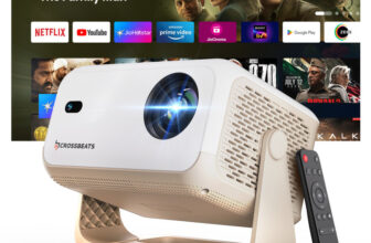 CrossBeats Lumex Cine Smart Home 4k Ultra HD, Native 1080p, (16000 lm / 1 Speaker / Wireless / Remote Controller) Portable with Android OS, Built-in – Netflix, Prime, YouTube, 300″ Display Cinema Projector(White)