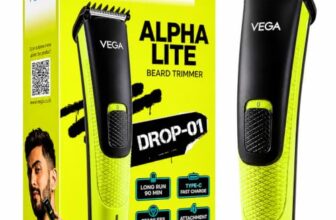 VEGA Alpha Lite Beard Trimmer for Men, Self-Sharpening Blades, Trimmer for Man, 4 Comb Attachment, Up to 6 Weeks Runtime 1 Charge, USB Type-C 2X Fast Charging, 2 Yrs Warranty(VHTH-44)