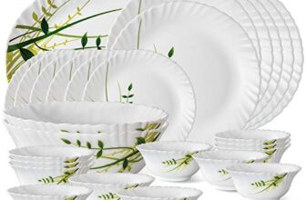 Larah by Borosil Fluted Series Green Herbs Opalware Dinner Set | 27 Piece for Family of 6 | Microwave & Dishwasher Safe | Bone-Ash Free | Crockery Set for Dining & Gifting | Plates & Bowls | White