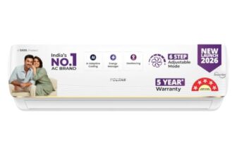 Voltas 1 ton 5 Star, New star rated, Inverter Split AC (Copper, Convertible 6-in-1 cooling modes, Ai Enabled, 4-way Swing, Sleep Mode, Auto Clean (125INV VERTIS AI ZEST GOLD, White)