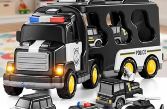 GRAPHENE 5 in 1 Friction Powered Police Truck Toy Car Set for Boy 3-10 Years Transport Vehicle Montessori Carrier Educational Light Music Pullback Monster Truck Mini Helicopter Taxi Playset Gift