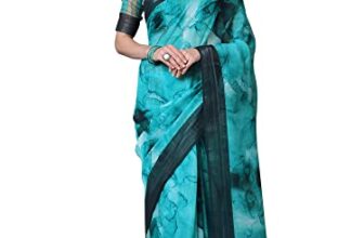 AKHILAM Women’s Linen Floral Saree With Unstitched Blouse Piece(Teal Blue_BELIZA1004)