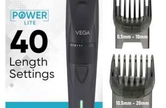 VEGA Power Lite Beard Trimmer for Men with Self-Sharpening Stainless Steel Blades, 40 Length Settings, 90 Min Runtime, 2 Comb Attachment, USB Type-C, Travel Lock, Hair Trimmer, 2Yrs Warranty (VHTH-38)