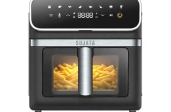 Sujata Fryomatic Plus Air Fryer 6.4L | 2000W| Up to 80% Less Oil Usage | Bake, Grill & Roast| 8 Preset Modes| Digital Display & Touch Control Panel |Glass Window with in built Light | 2 Years Warranty