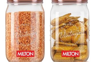 Milton Vintage Airtight Containers with Spoons for Kitchen Storage Food Grade Plastic, Stackable & Transparent Organizer Jars, Masala Dabba, Set of 2 (2 Litres each) for Tea, Coffee, Sugar, Dry Fruits