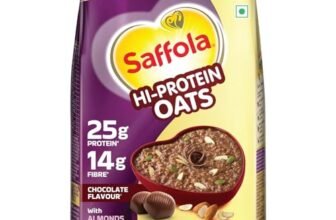 Saffola 25g High Protein Oats | 14g High Fibre | 400g | Chocolate flavour | No Refined Sugar | With Almonds, Raisin, Pumpkin and Chia Seeds | Rolled Oats for Weight management & Muscle gain