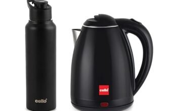 CELLO Pluto Quick Boil Stainless Steel Electric Kettle 1.5L + Sippa Steel Water Bottle 1000ml Combo | Double Wall Cool Touch Outer Body, Auto-Shut Off Protection |Electric Kettle For Boiling Hot Water