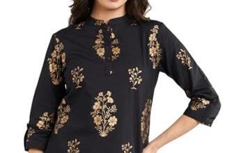 Amazon Brand – Myx Women’s Printed Regular Cotton Short Kurti (PAG 1_Black Floral_S)