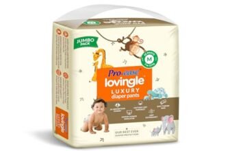 Pro-ease Lovingle Luxury Wrapper Baby Diaper|Pant Style Diaper for Baby|Diaper M size|2X Absorption*IAdvanced Leakage Protection|Wetness Indicator|Easy Throw Tape|7-12 Kg|58 Pieces