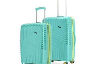 LAttitude By Provogue Core Set of 2 Trolley Bags Cabin + Medium Polypropylene Hard Suitcase, 8 Spinner Wheels, Recessed Number Lock, Lightweight Luggage for Men & Women Aegean Blue/Meadow Yellow
