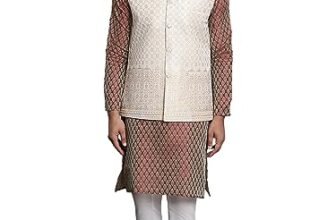 SOJANYA (Since 1958 Men’s Jacquard Silk Maroon Kurta and Off-White Pyjama With Cream Nehru Jacket