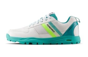 Hundred PitchStrike Cricket Shoes|Multi-Surface Grip with TerraSpike Outsole|Energy Layer Midsole|Lightweight, Breathable | Ideal for Turf, Ground & Hard Surfaces (White/Turquoise/Lime Green;UK 6)