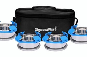 Signora Ware 350Ml+350Ml+350Ml+350Ml All Steel Double Decker Bright Lunch Box with Bag, Food Grade BPA Free, Leak Proof Air Tight Stainless Steel Containers, Compact Sleek Tiffin Box (Set 4 Blue)