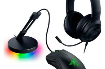 Razer Game On Bundle Gaming Combo with DeathAdder Essential Wired Mouse, Kraken X Lite Lightweight Gaming Headset, Mouse Bungee V3 Chroma, 6400 DPI Optical Sensor, 40mm Drivers, Black – NASA Packaging